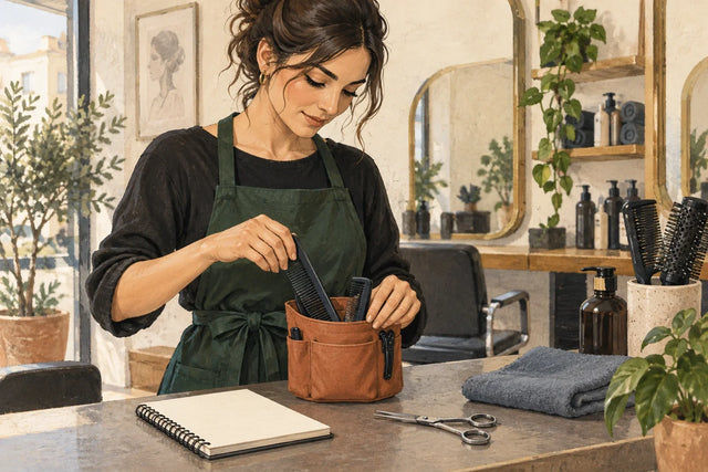 Apprendista adulta che sistema un pettine nella custodia, con forbici e quaderno sul banco.