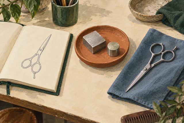 Quaderno con un disegno di forbici, due campioni metallici e forbici chiuse su un panno blu.