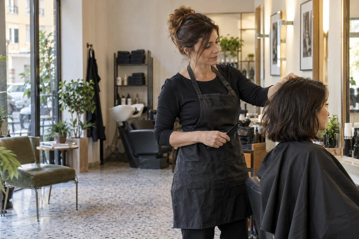 Parrucchiera durante una consulenza sul taglio in salone.