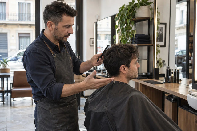 Barbiere che confronta la forma del taglio con un cliente.