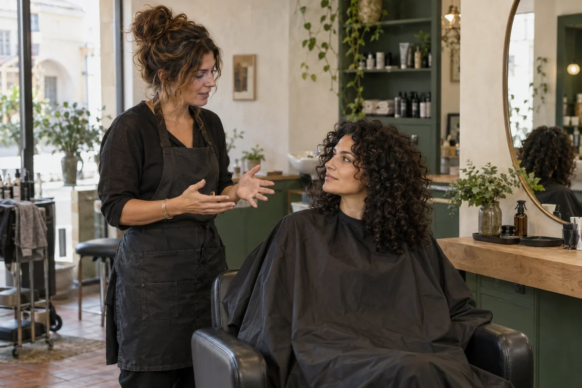 Parrucchiera e cliente con capelli ricci discutono la forma del taglio in salone.