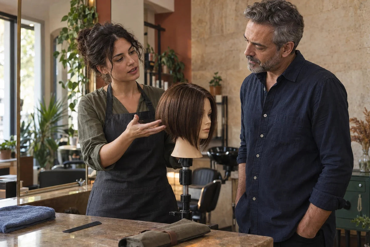 Una professionista adulta descrive un’osservazione accanto a una testa manichino, mentre un formatore adulto ascolta in salone; non è in corso un taglio.