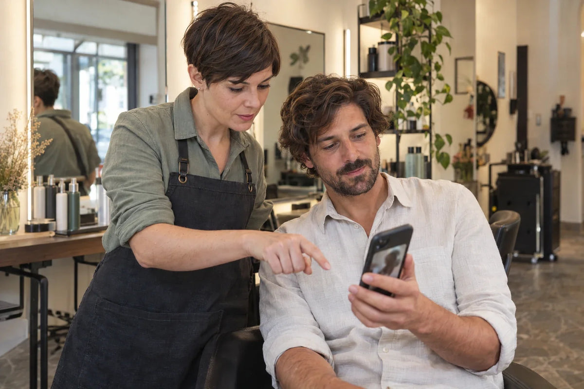 Una professionista adulta e un cliente adulto guardano insieme una foto sul telefono prima del taglio, in un salone contemporaneo immaginario.