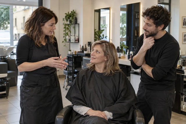 Due professionisti adulti parlano con una cliente adulta seduta davanti alla postazione, in un salone contemporaneo immaginario.