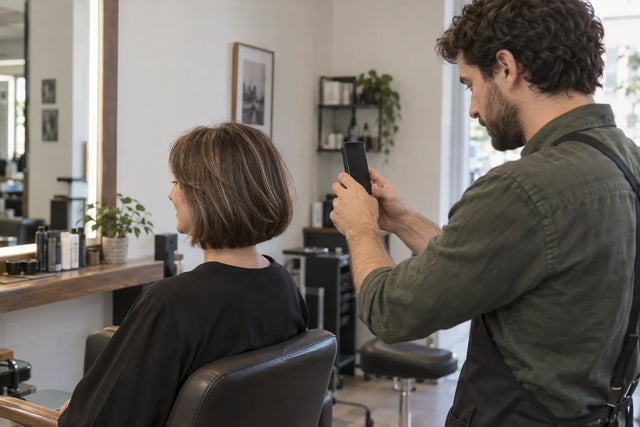 Un professionista adulto tiene un telefono verticale dietro una cliente adulta con un caschetto, vista da dietro e di lato in un salone contemporaneo immaginario.
