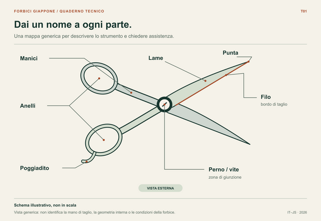 Forbice aperta schematica con punta, lame, filo evidenziato, perno o vite, manici, anelli e poggiadito indicati da linee.