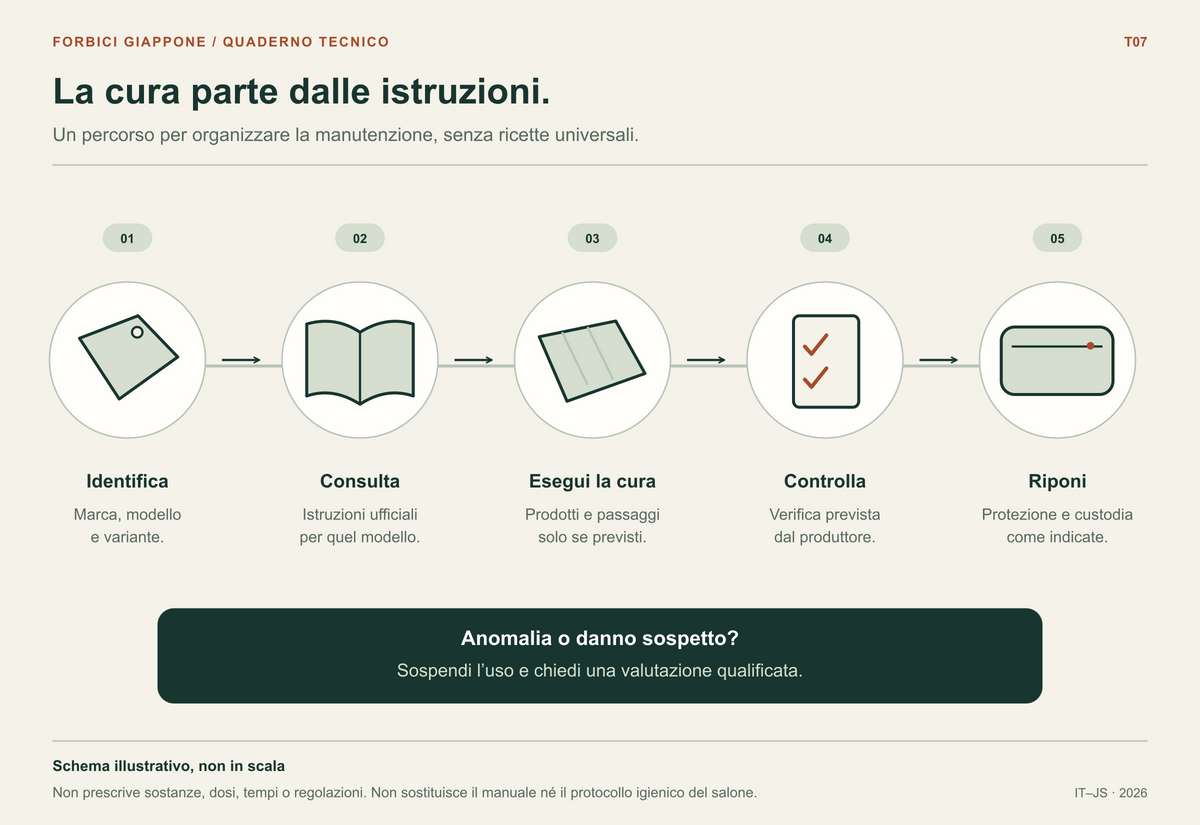Percorso in cinque passaggi illustrati: identificare il modello, leggere il manuale, eseguire la cura prevista, controllare come indicato e riporre in custodia.