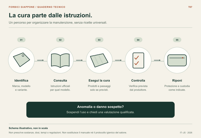 Percorso in cinque passaggi illustrati: identificare il modello, leggere il manuale, eseguire la cura prevista, controllare come indicato e riporre in custodia.