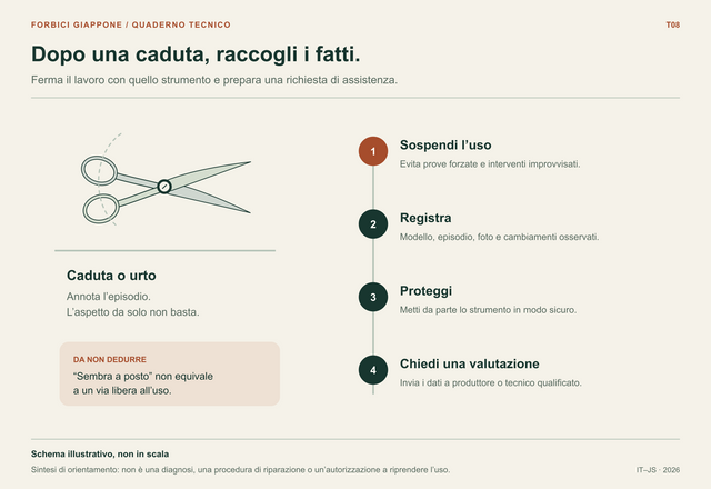 Forbice schematica dopo un urto e percorso in quattro passaggi: sospendi l’uso, registra l’episodio, proteggi lo strumento e chiedi una valutazione qualificata.