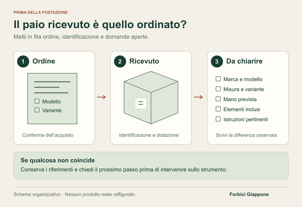 Tre schede collegano la conferma dell’ordine, il pacco ricevuto e cinque campi da chiarire: modello, variante, mano, dotazione e istruzioni.