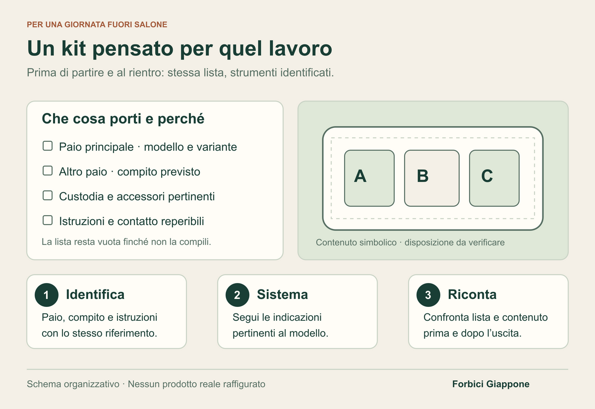 Una lista di strumenti e documenti affianca una custodia con tre scomparti simbolici; sotto, i passaggi identifica, sistema e riconta.