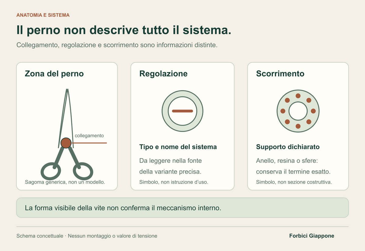 Una forbice generica evidenzia la zona del perno; due simboli separati rappresentano regolazione e supporto allo scorrimento, senza raffigurare un montaggio reale.
