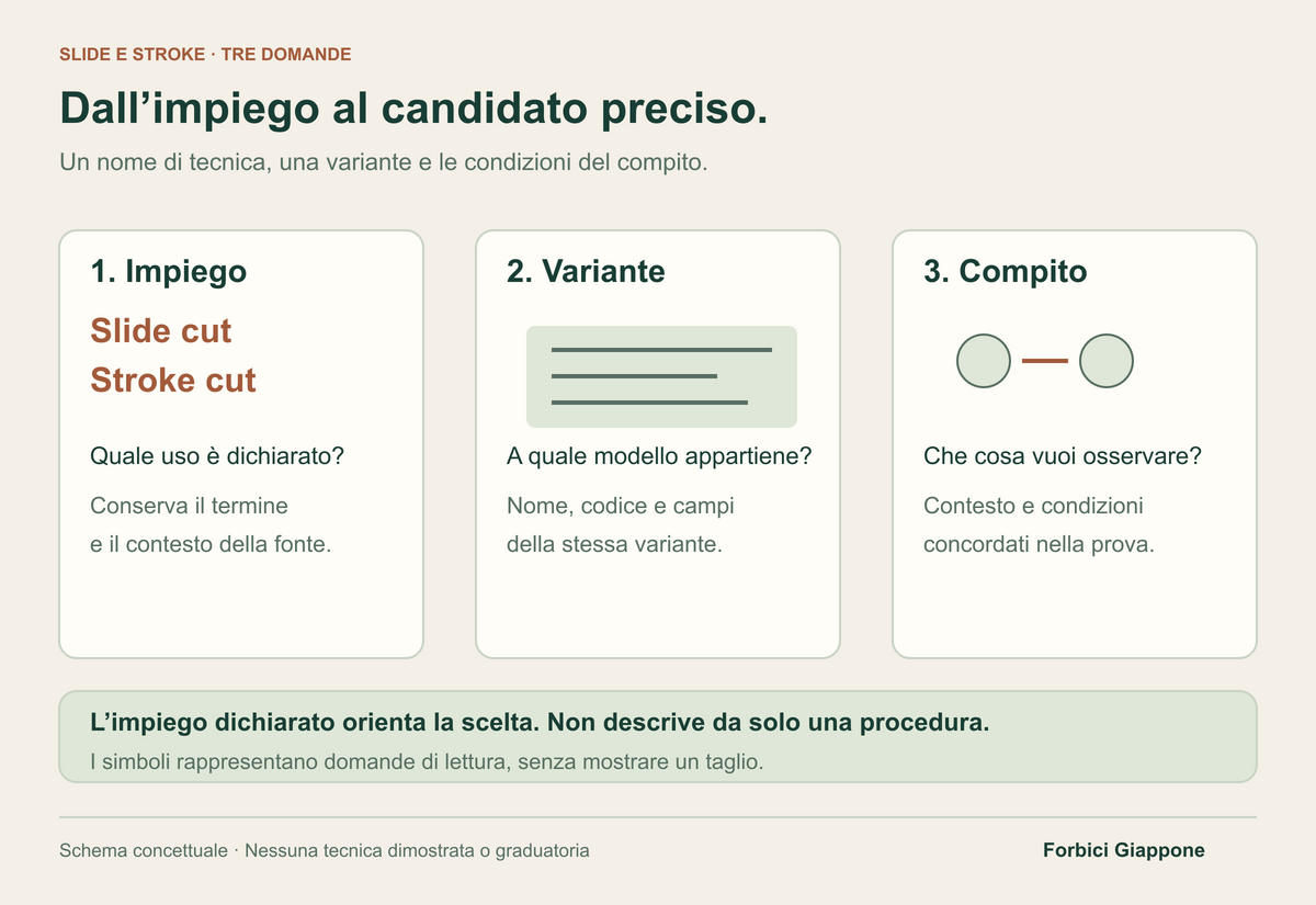 Tre pannelli collegano i termini slide e stroke, una scheda simbolica del modello e la domanda sul compito da osservare. Nessun movimento di taglio è raffigurato.