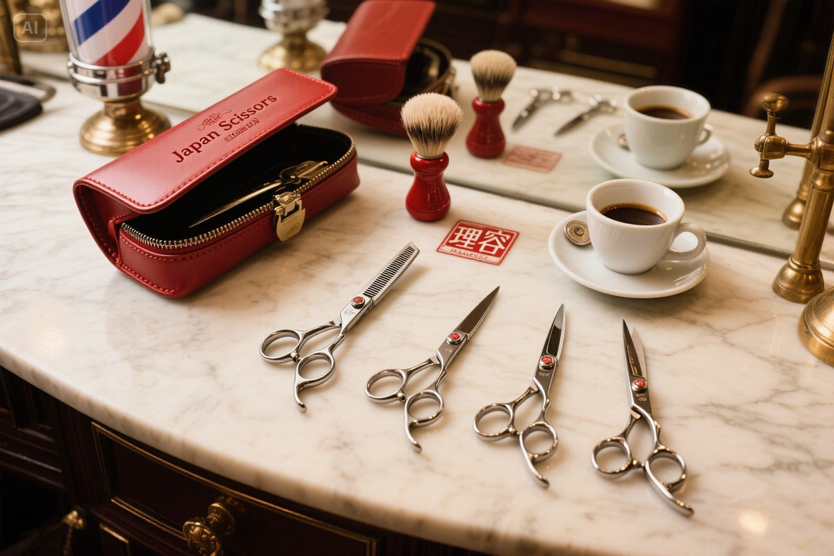 Collezione di forbici professionali giapponesi per barbiere su bancone in marmo di Carrara con custodia in pelle rossa Japan Scissors, strumenti tradizionali da barbiere italiano inclusi pennello, pettine, tazzina espresso e colonia