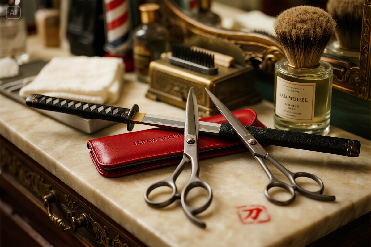 Forbici professionali giapponesi con lama angolata stile katana su marmo di Carrara con custodia Japan Scissors in pelle rossa e accessori da barbiere italiano