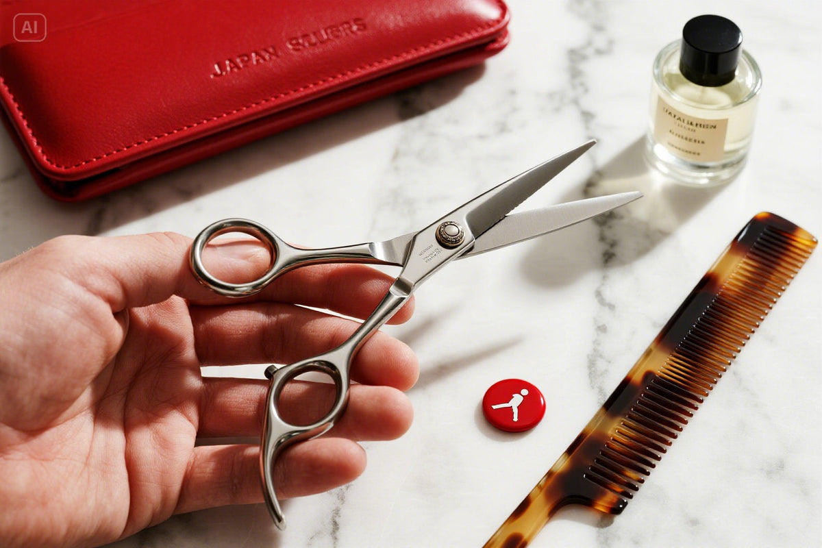 Forbici professionali giapponesi con impugnatura offset ergonomica su marmo italiano con custodia Japan Scissors rossa e accessori tradizionali da barbiere