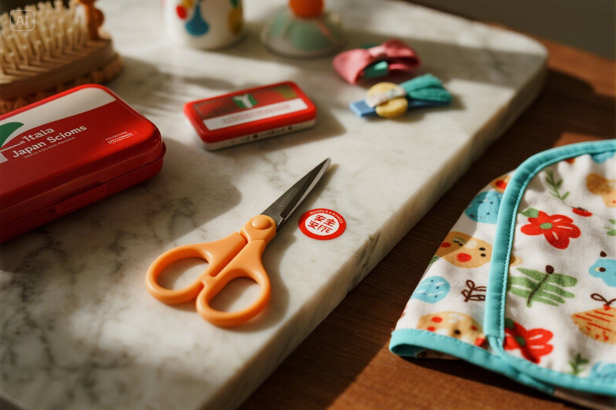 Forbici giapponesi di sicurezza per bambini con punte arrotondate, custodia Japan Scissors rossa e accessori italiani per taglio capelli bambini