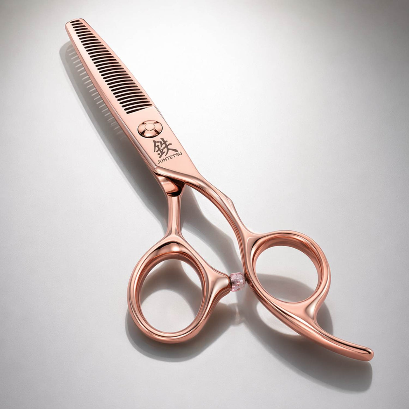 Set Forbici Professionali Juntetsu Oro Rosa VG10 - forbici sfoltitrici, vista angolata