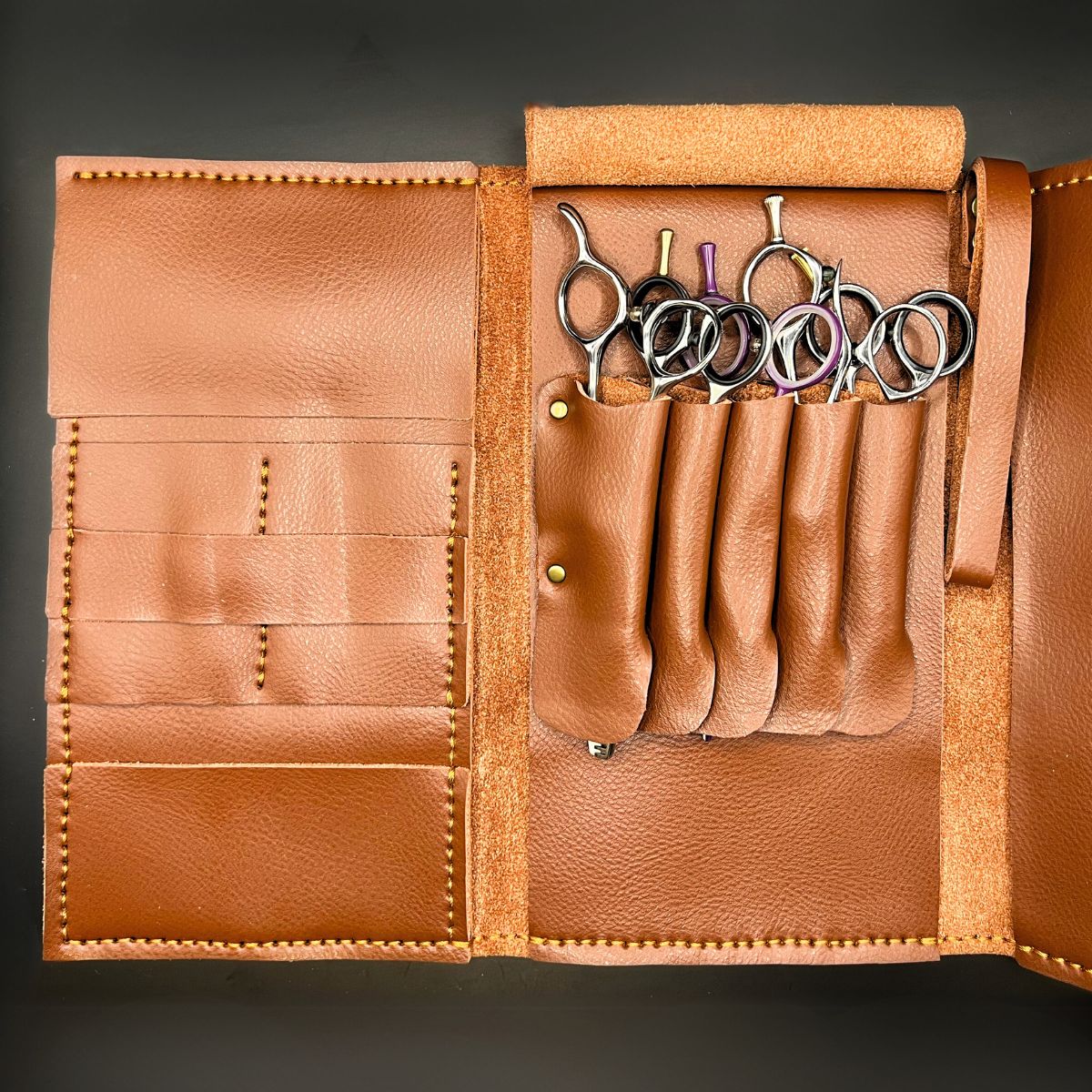 Boho Brown Leather Scissor Wallet - 5 Pocket Artisan Case - Japan Scissors