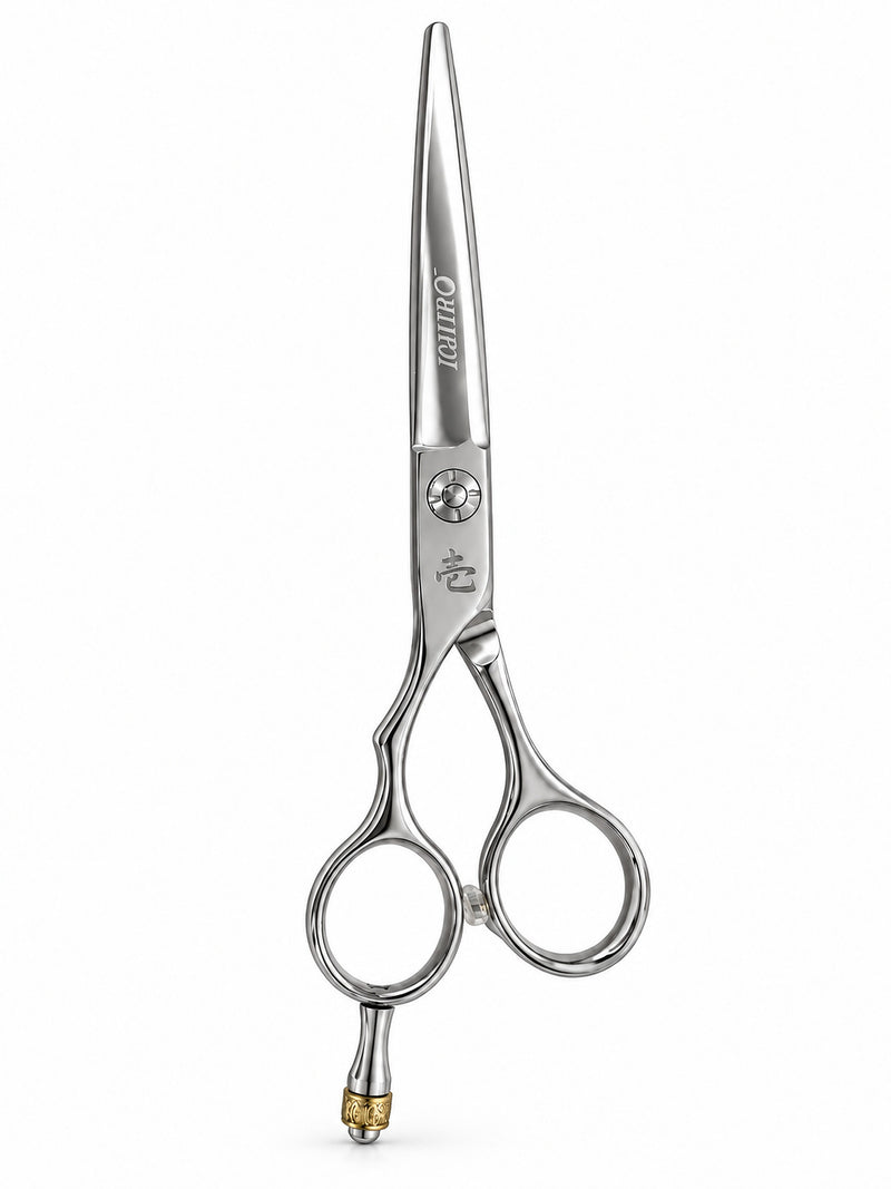 Forbici da taglio Ichiro Crown per mancini con lama convessa, impugnatura offset e corona color oro (SKU: ICH-CRN-LC55)
