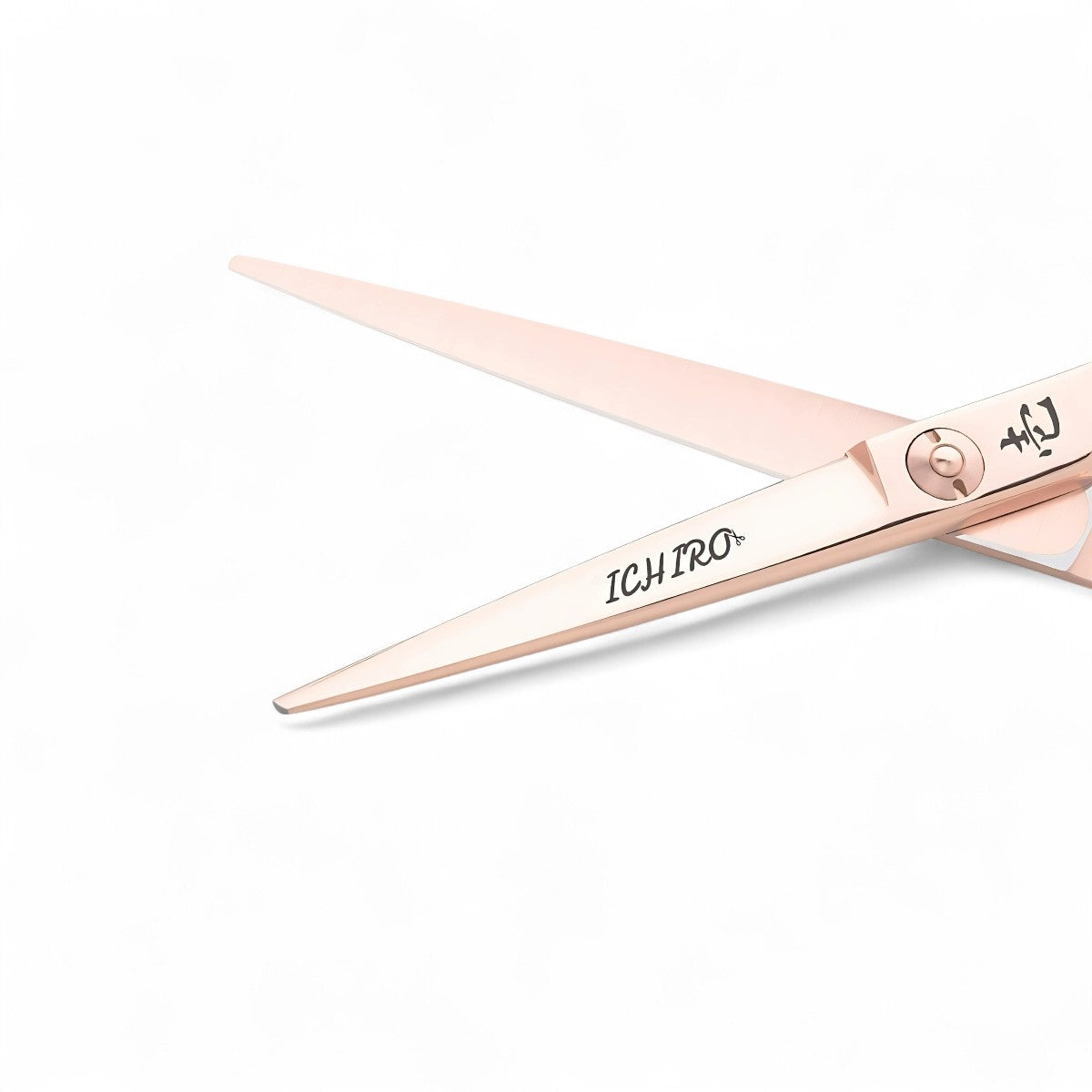 Close-up of 2030s laser precision convex edge blade on Ichiro Rose Gold cutting scissors
