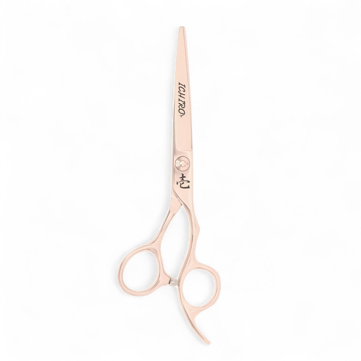 Ichiro Rose Gold hair cutting scissors top view showing titanium PVD coating and offset handle