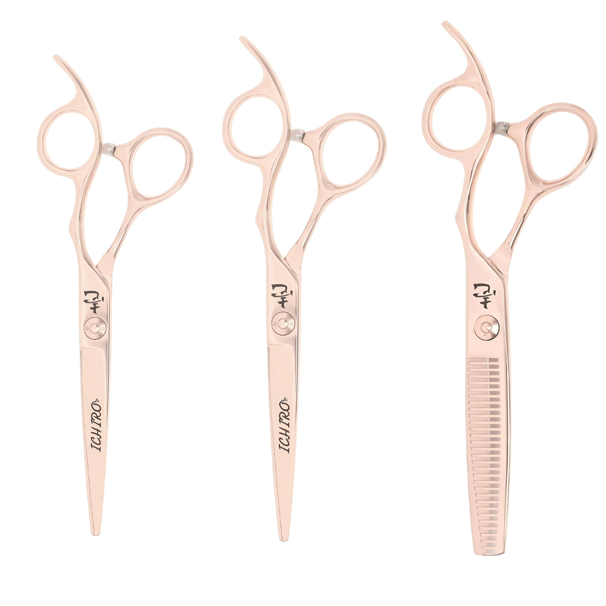 Ichiro Rose Gold master set displaying two cutting shears and one texturizing shear with matching finish