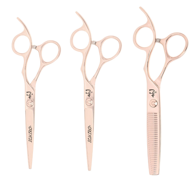 Ichiro Rose Gold master set displaying two cutting shears and one texturizing shear with matching finish