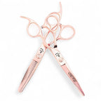 Complete Ichiro Rose Gold professional scissors set showing cutting and thinning scissors