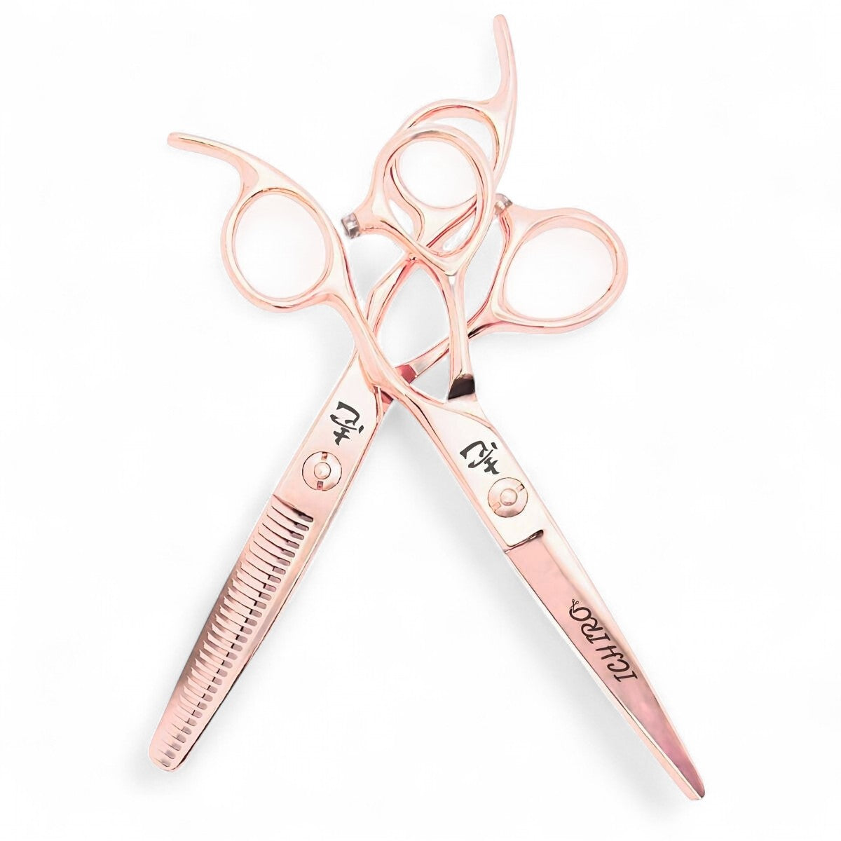 Complete Ichiro Rose Gold professional scissors set showing cutting and thinning scissors