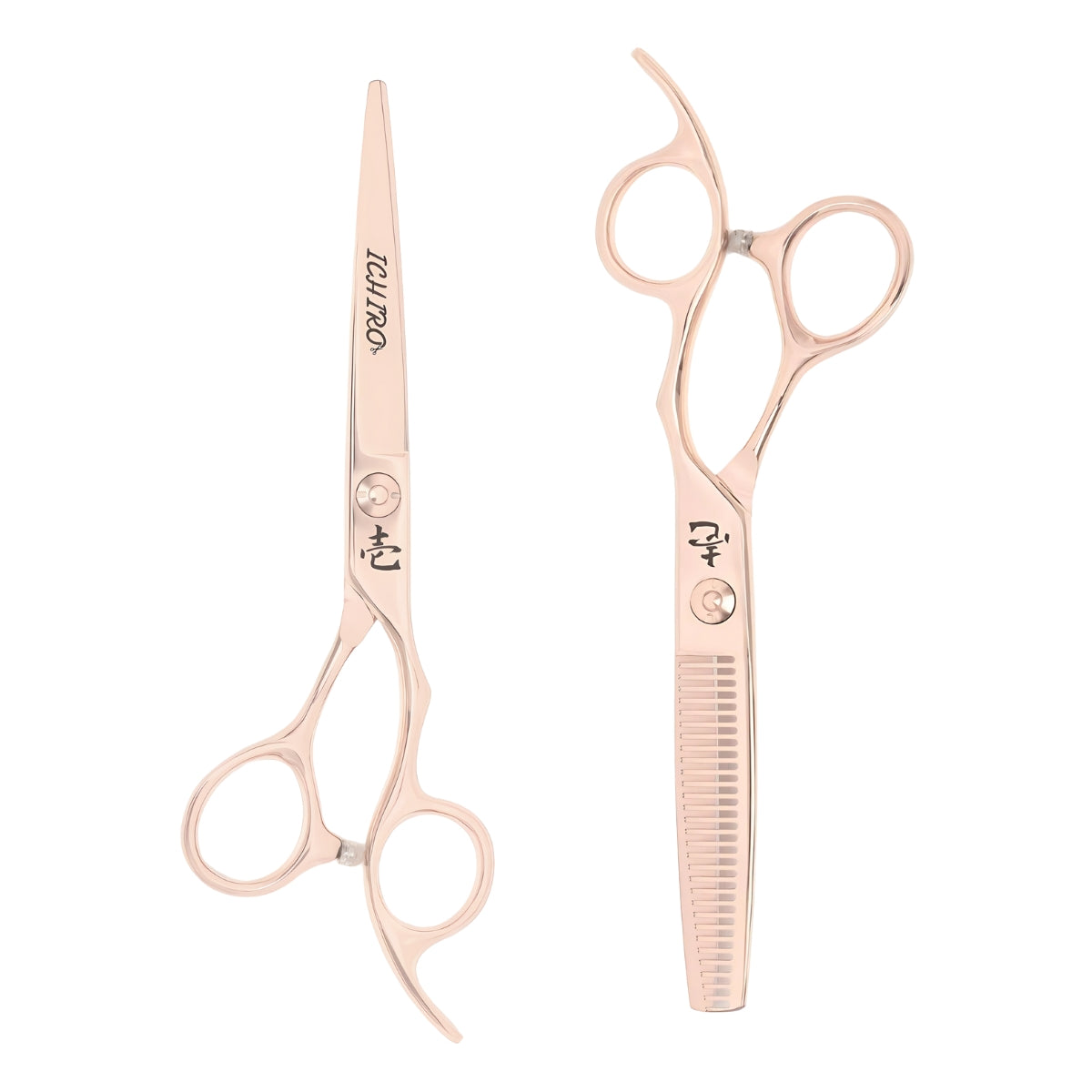 Complete Ichiro Rose Gold professional shears set showing cutting and texturizing shears