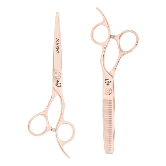Complete Ichiro Rose Gold professional shears set showing cutting and texturizing shears