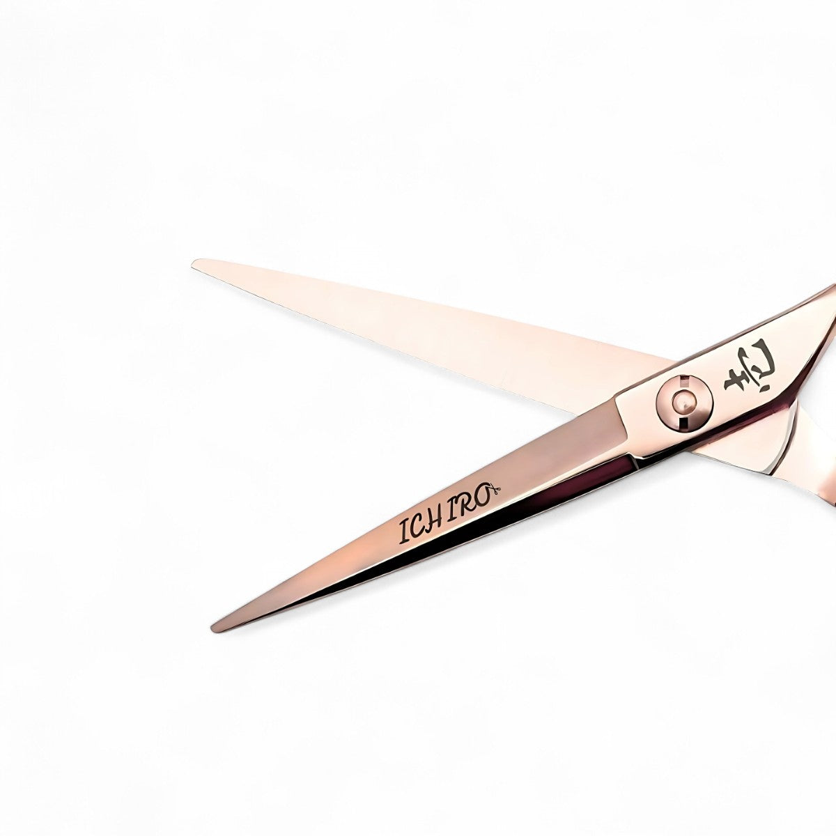 Close-up of sword blade profile and convex edge on Ichiro Rose Gold cutting scissors with 2030s precision technology