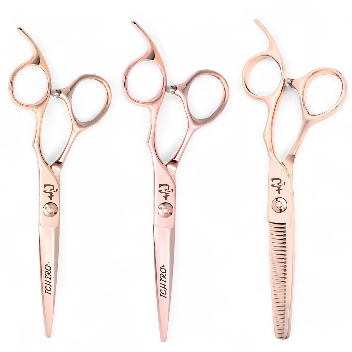 Ichiro Rose Gold Sword master set displaying two cutting scissors and one thinning scissors with matching rose gold finish