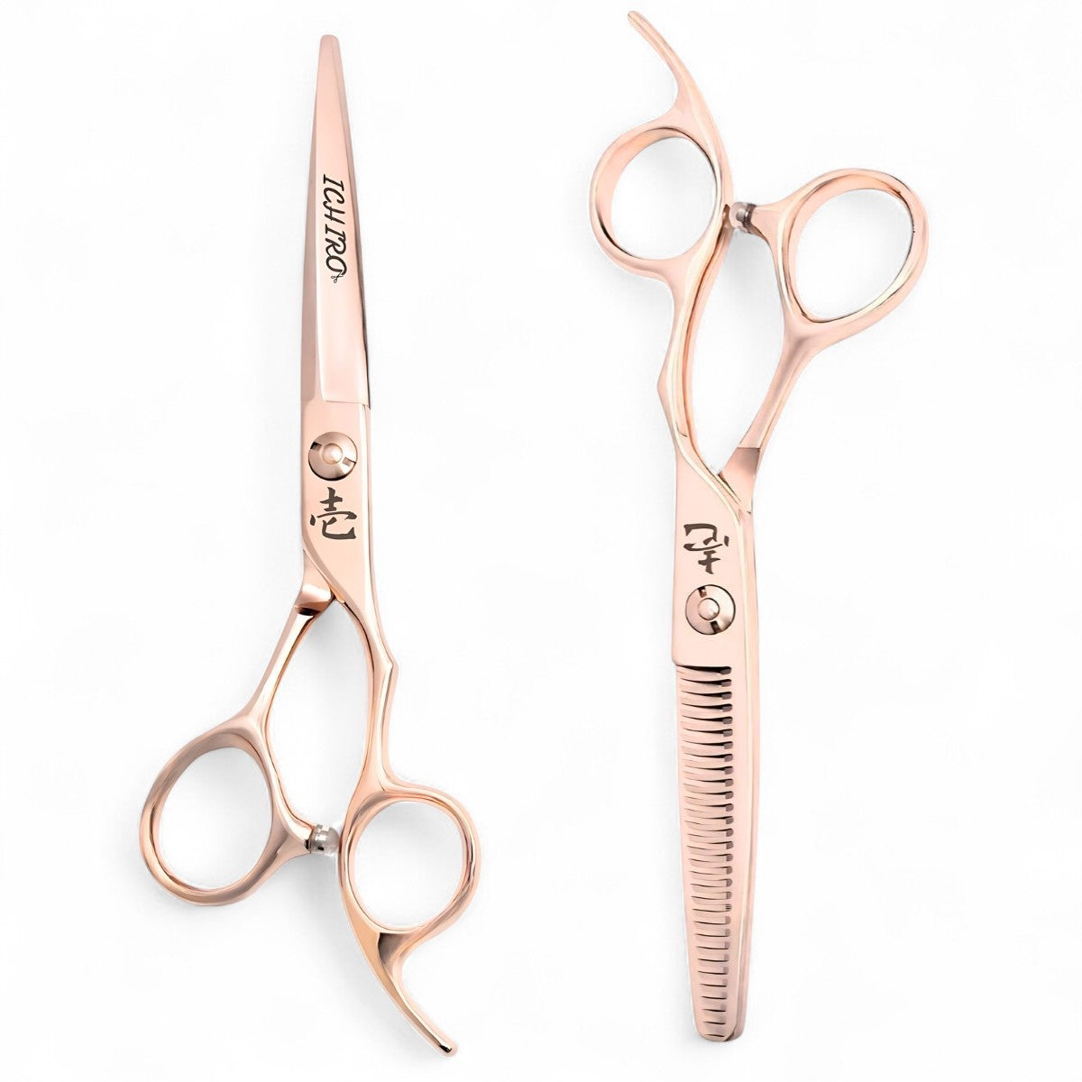 Complete Ichiro Rose Gold Sword professional scissors set showing cutting and thinning scissors with titanium coating