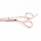 A close up of the Ichiro light Rose Gold Japanese hair cutting scissor handle