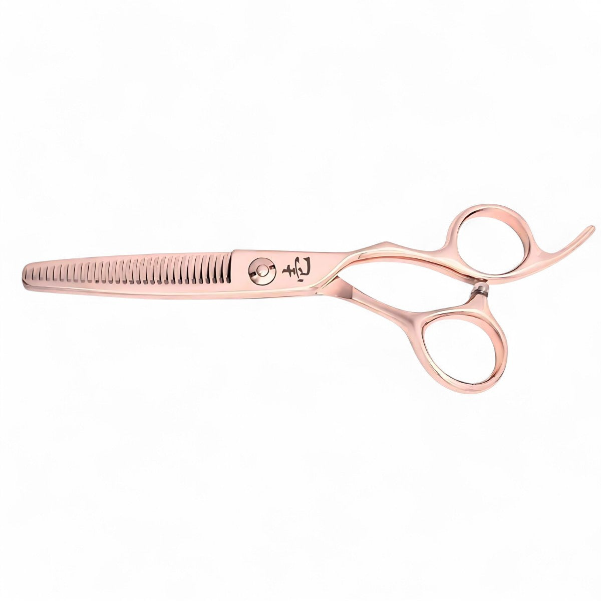 Side angle view of Ichiro Rose Gold thinning scissors showing offset handle and teeth