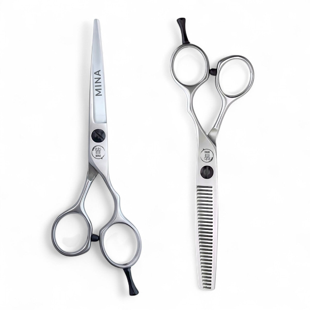 Complete Mina Classic II professional scissors set showing matching cutting and thinning scissors