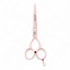 Mina Classic pastel pink hair cutting scissors top view showing rose gold accents on tang and tension screw
