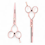 Complete Mina Classic pastel pink professional scissors set showing matching cutting and thinning scissors