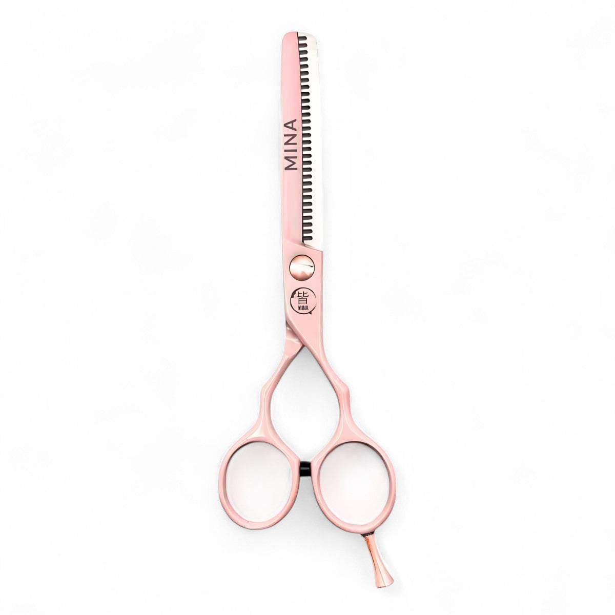 Mina Classic pastel pink thinning scissors top view showing 30 V-shaped teeth and rose gold accents