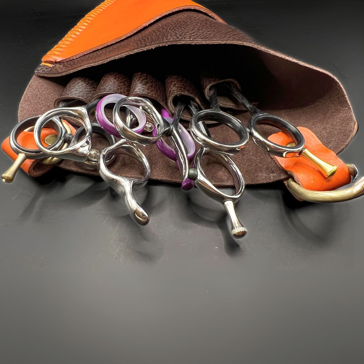 Premium Orange & Brown Leather Scissor Holster - 5 Pocket Professional Belt - Japan Scissors