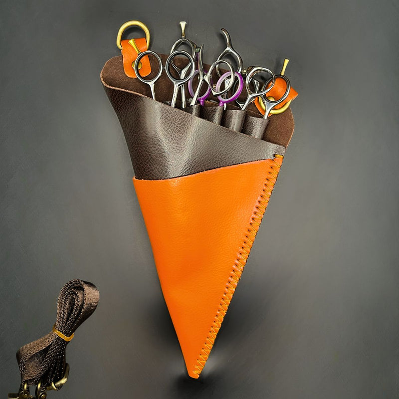 Premium Orange & Brown Leather Scissor Holster - 5 Pocket Professional Belt - Japan Scissors #dark